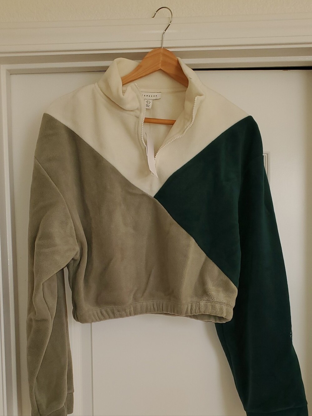 NWT Topshop Diagonal Colorblock Quarter-Zip Pullover - Cream, Olive & Dark Green